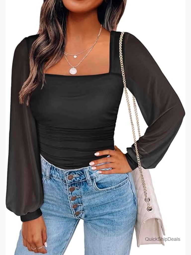 Double-Lined Mesh Square Neck Long Sleeve Blouse Slim Fit